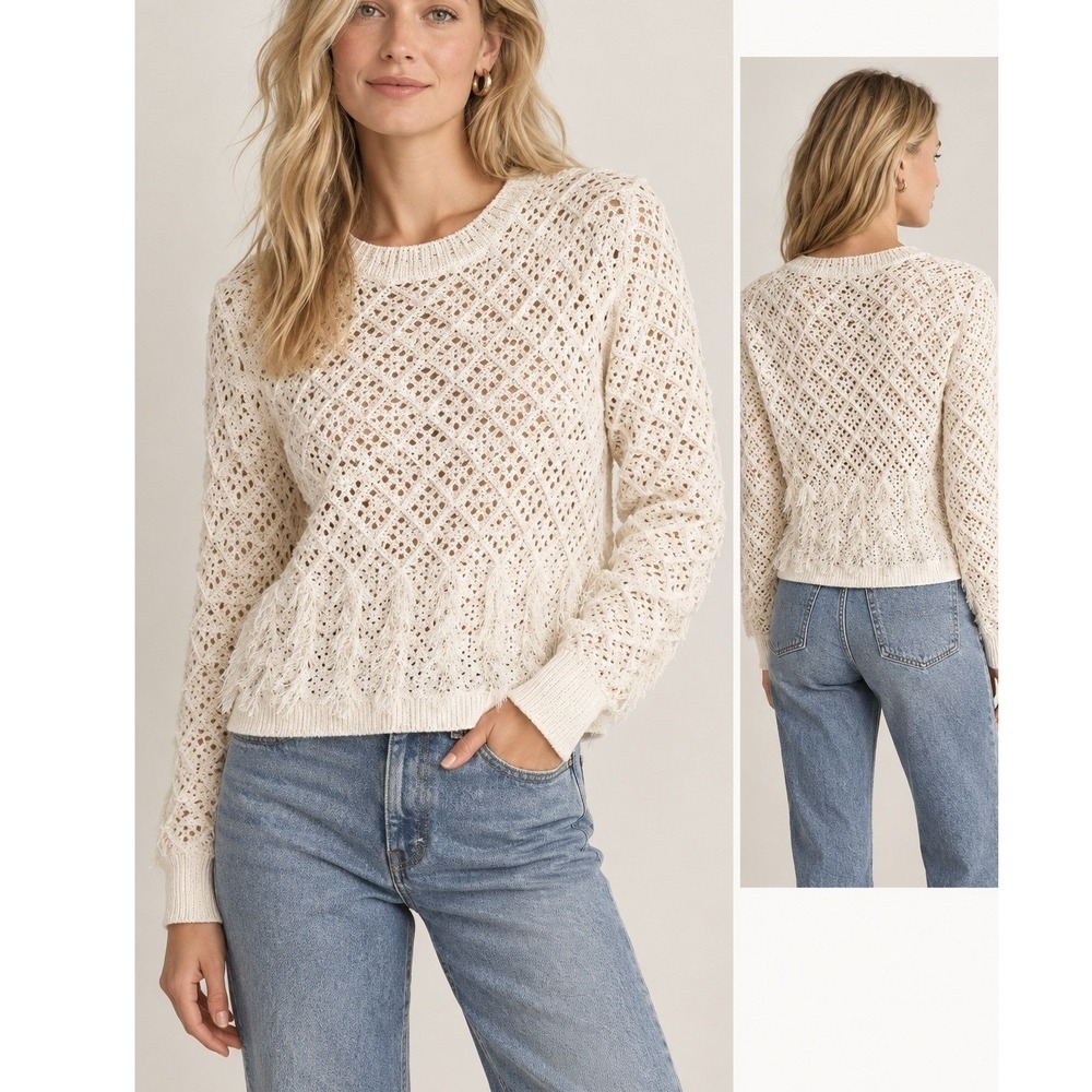 J.Crew Sweater Womens Large Ivory Crochet Diamond Pointelle Fringe Boho